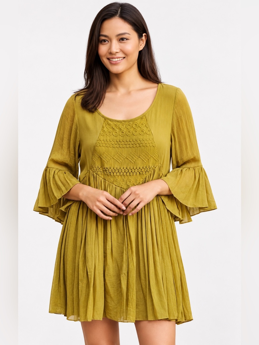 J. Gee Mustard Yellow Boho Bell Sleeve Tunic Dress – Size M